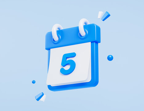 3D blue calendar with 5th day of the month icon. Minimal creative design. Fifth day of the month. Cartoon icon isolated on blue background. Cartoon icon isolated on blue background. 3D Rendering
