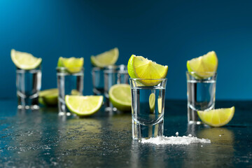 Tequila shots with lime slices and sea salt.