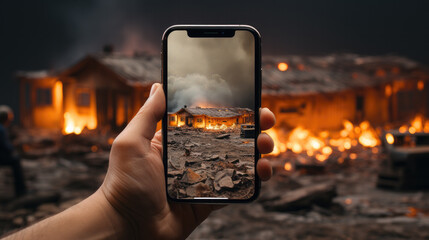 person taking photos of burning house - conflict situation created with Generative AI technology