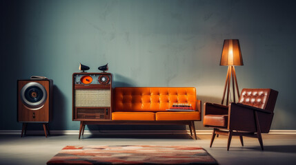 Retro Scandinavian Lounge Mid-century furniture meets Scandinavian simplicity with vintage-inspired decor, including retro vinyl records
