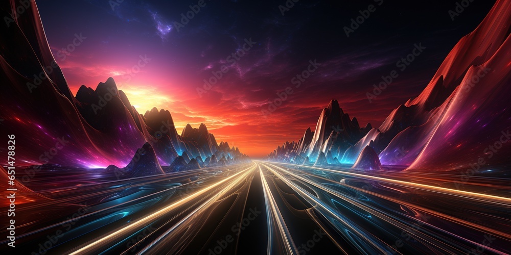 Poster abstract flight in retro neon hyper warp space in the tunnel