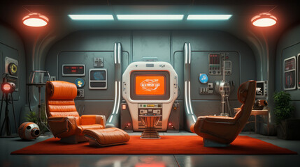 Retro Sci-Fi Media Room A nostalgic space inspired by retro science fiction, featuring vintage sci-fi movie posters, futuristic decor, and retro technology