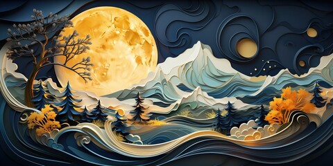 Art mural wallpaper with dark blue and golden wave background. golden christmas tree and mountains, golden moon