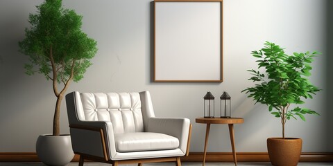 Blank frame mockup in modern interior design with trendy vase and chair on empty white wall background