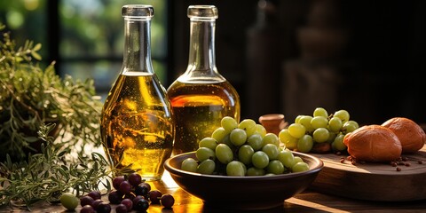 Bottles and carafes with olive oil and fresh olives on wooden table. Ingredients for cooking