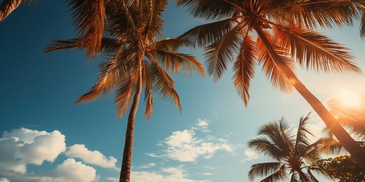 Blue sky and palm trees view from below, vintage style, tropical beach and summer background, travel concept