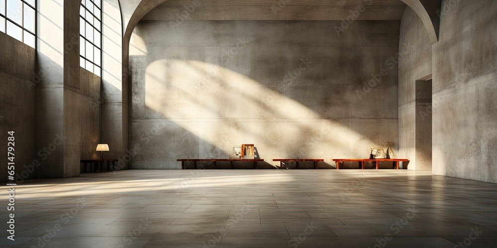 Poster empty room interior with concrete walls, grey floor with light and soft skylight from window. backgr