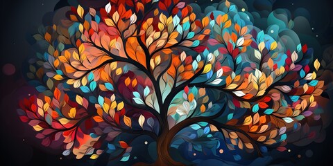 Elegant colorful tree with vibrant leaves hanging branches illustration background. Bright color