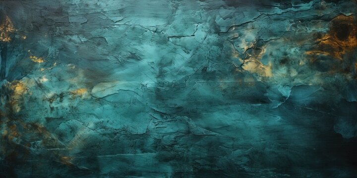 Dark blue green wall texture. Gradient. Deep teal color. Toned old rough concrete surface. Close - up. Abstract vintage background with space for design