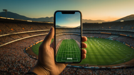 smartphone in football stadium created with Generative AI technology - obrazy, fototapety, plakaty