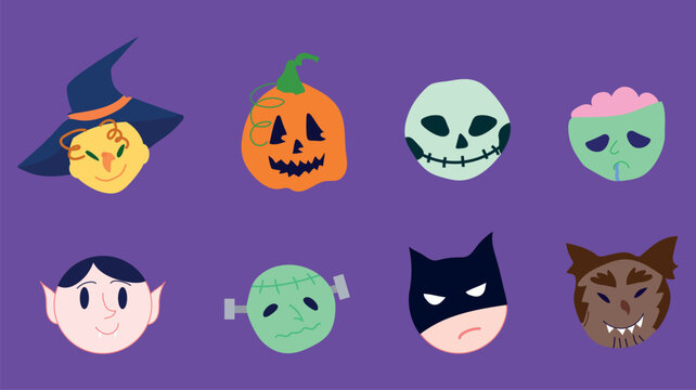 Set of halloween icons. Abstract Halloween themed
 emojis in festive monster
 costumes. All Saints Day stickers.