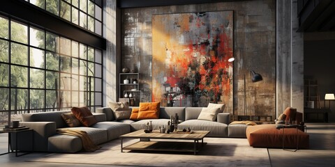 Living room decor, home interior design. Modern Industrial style with Large Wall Art decorated with Concrete and Steel material