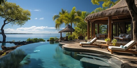 Luxury tropical vacation. Spa swimming pool - obrazy, fototapety, plakaty