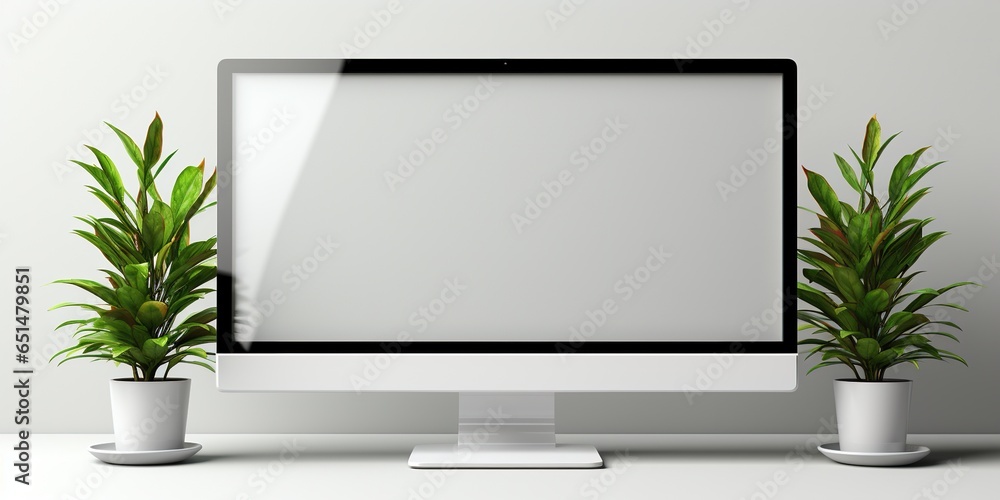 Poster mockup of a flat screen computer monitor with blank screen isolated