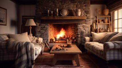 Rustic Comfort This cozy living room features a plaid sofa, a wooden coffee table with visible grain, and a stone fireplace Antique lamps and woven throw blankets add to the rustic charm - obrazy, fototapety, plakaty