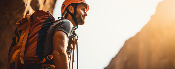 Climber near the mountain top, beautiful landscape in the sun - The Climbing Sports Series