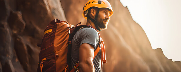 Climber near the mountain top, beautiful landscape in the sun - The Climbing Sports Series