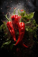 Fresh red hot peppers sprinkled with water drops