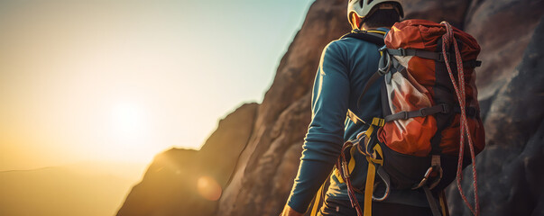 Climber near the mountain top, beautiful landscape in the sun - The Climbing Sports Series
