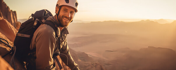 Climber near the mountain top, beautiful landscape in the sun - The Climbing Sports Series