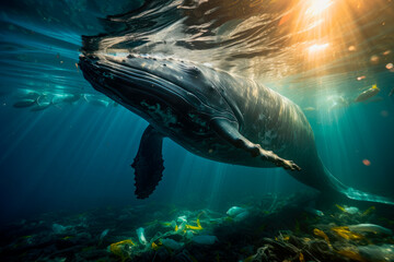 A humpback whale swimming underwater among plastic bags