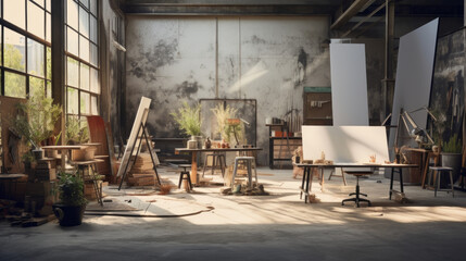 Rustic Industrial Art Studio A creative space with an industrial vibe, featuring exposed pipes, concrete floors, and versatile workstations for artists