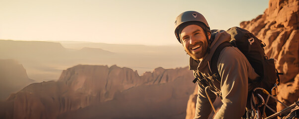 Climber near the mountain top, beautiful landscape in the sun - The Climbing Sports Series