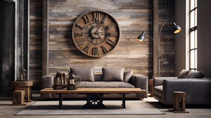 Rustic Industrial Mix Reclaimed wood, metal accents, and leather seating coalesce in this rustic-industrial living room An oversized clock on the wall adds a focal point 