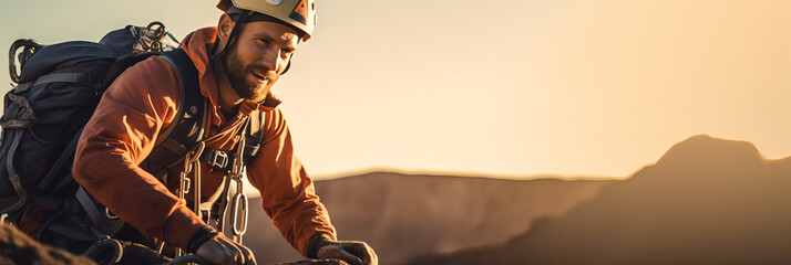 Climber near the mountain top, beautiful landscape in the sun - The Climbing Sports Series