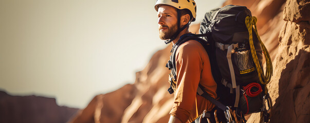 Climber near the mountain top, beautiful landscape in the sun - The Climbing Sports Series