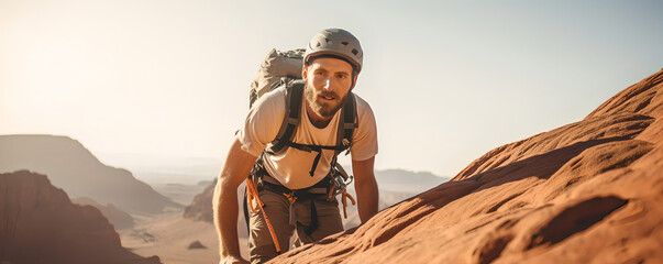 Climber near the mountain top, beautiful landscape in the sun - The Climbing Sports Series