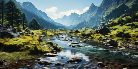 Fototapeta na wymiar The Great Neel River flows peacefully through the lush green forests and majestic mountains