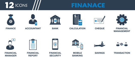 Finance Icon Set. Collection of Accountant, Bank, Cheque, Financial Manager, Report, Security, Savings, Mobile Banking and More Icons. Editable Flat Vector Illustration.