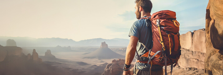 Climber near the mountain top, beautiful landscape in the sun - The Climbing Sports Series