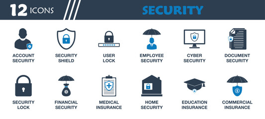 Security Icon Set. Collection of User Lock, Shield, Employee, Cyber, Financial, Education, Home, Account Safety, Medical Insurance and More Icons. Editable Flat Vector Illustration.