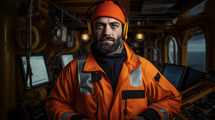 Fototapeta na wymiar Portrait of a seaman with an orange suit working. Generative AI.