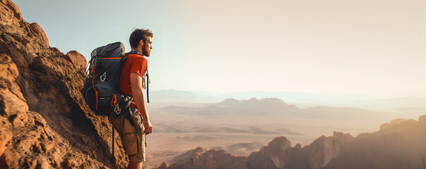 Climber near the mountain top, beautiful landscape in the sun - The Climbing Sports Series