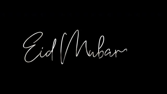 Eid Mubarak Animated: Animated text wish for Eid Mubarak with white colored ink drop animation. Celebrating Ramadan Kareem, Eid al-Fitr, and Eid al-Adha with the Muslim community