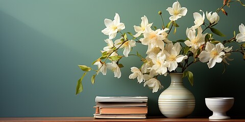 Vase with blooming jasmine flowers and books on wooden cabinet near green wall
