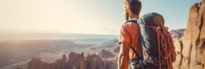 Climber near the mountain top, beautiful landscape in the sun - The Climbing Sports Series