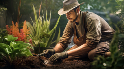 Closeup of man gardener working. Generative AI.