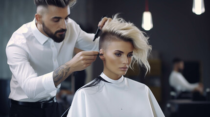 Hairdresser working with his client. Generative AI.