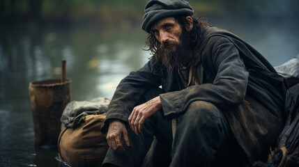Obraz premium Portrait of an old hobo sitting. Generative AI.