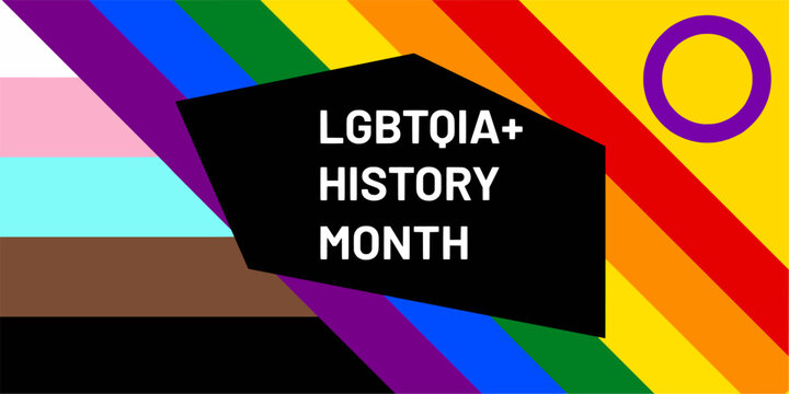 vector image combining the trans, black, pride and intersex flag with the text 'LGBTQIA+ history month' 
