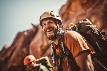 Climber near the mountain top, beautiful landscape in the sun - The Climbing Sports Series
