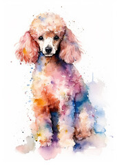 A colorful, digital watercolour painting, showing the portrait of a curly Poodle dog