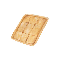 Puff pastry pie isolated on a transparent background. Hand-drawn watercolor square pie clipart. Oven-tray food illustration. Yammy objects in a cartoon style. Homemade pie print.