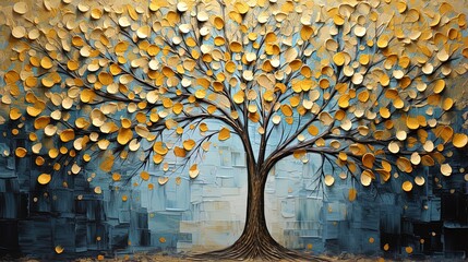Oil painting Abstract Yellow Tree, blue background. Hand Painted Impressionist. 
