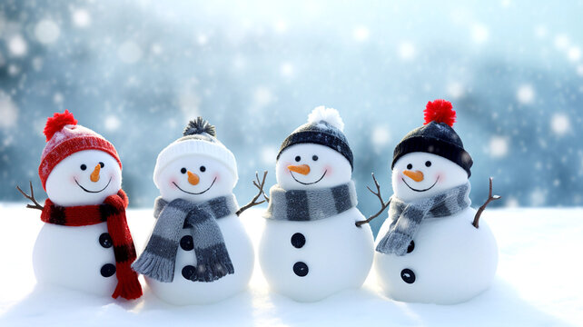 Four funny cheerful snowmen standing in winter Christmas landscape. Merry Christmas and happy New Year greeting card with copy-space. Winter background