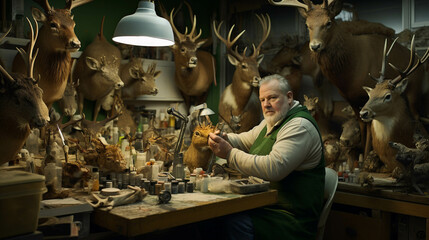 Taxidermist man working. Generative AI.